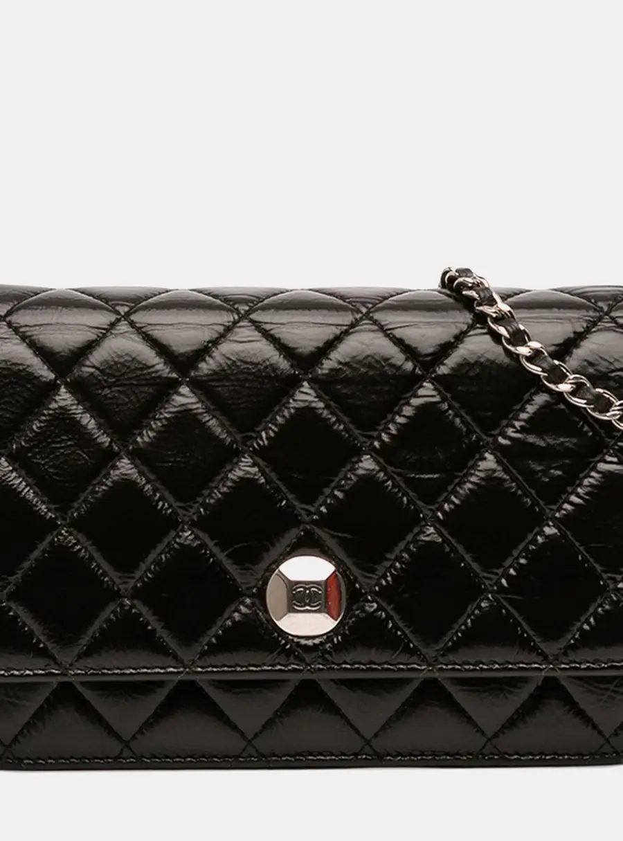 Chanel CC Black Quilted Crinkled Patent Leather Wallet on Chain