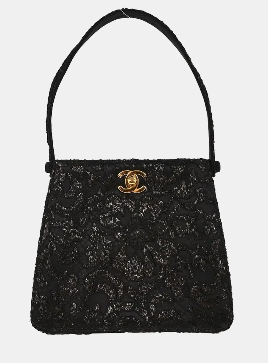 Chanel Shoulder Bag Black Satin Lace Fabric Shoulder Bag