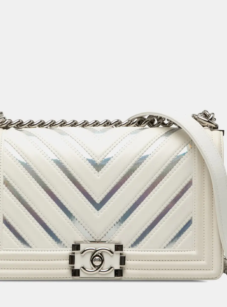Chanel Boy Medium White Chevron Lambskin & Iridescent PVC Flap Bag