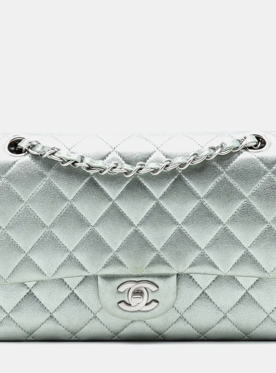 Chanel Classic Medium Silver Metallic Lambskin Leather Double Flap Bag