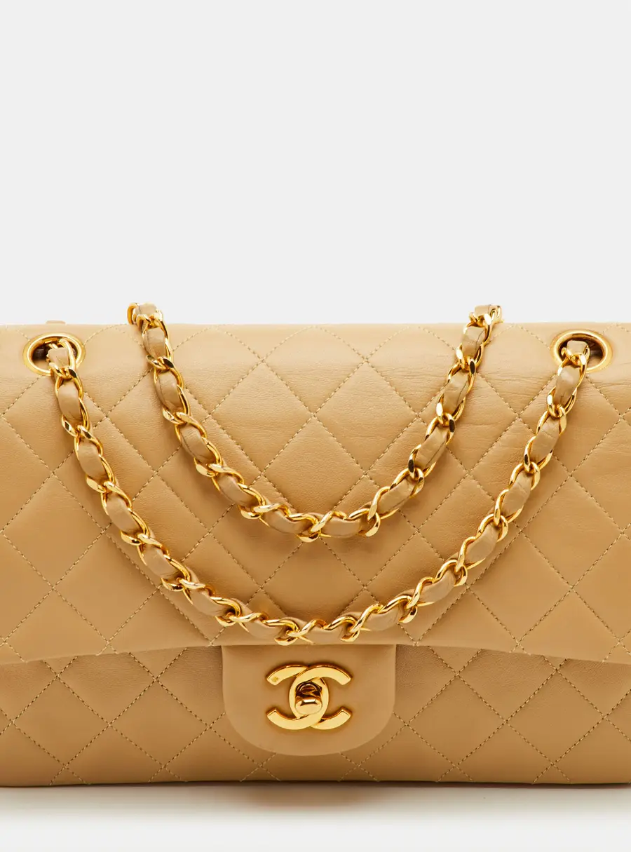 Chanel Classic Medium Beige Quilted Leather Double Flap Bag