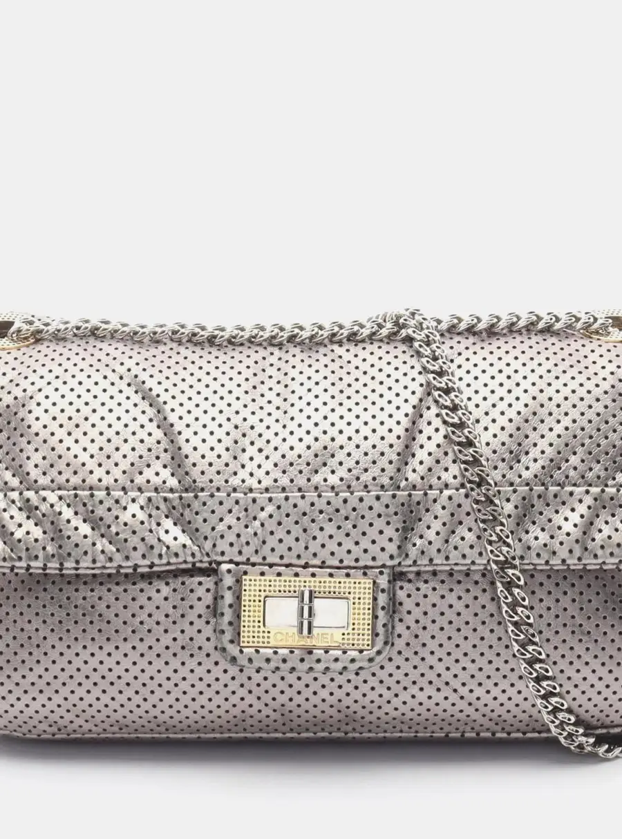 Chanel 2.55 Silver Punched Leather Shoulder Bag