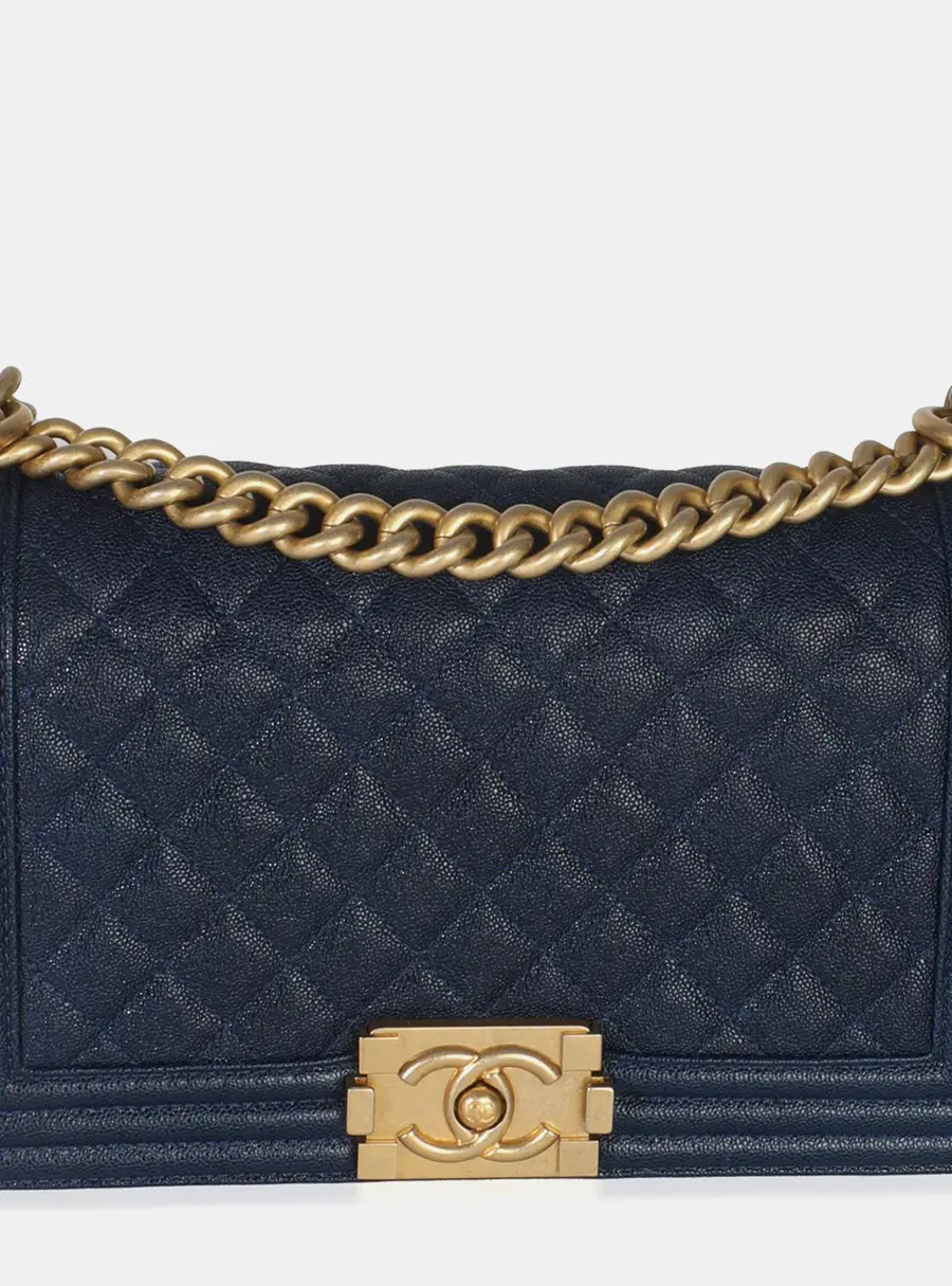 Chanel Quilted Boy Old Medium Navy Grained Calfskin Leather Shoulder Bag