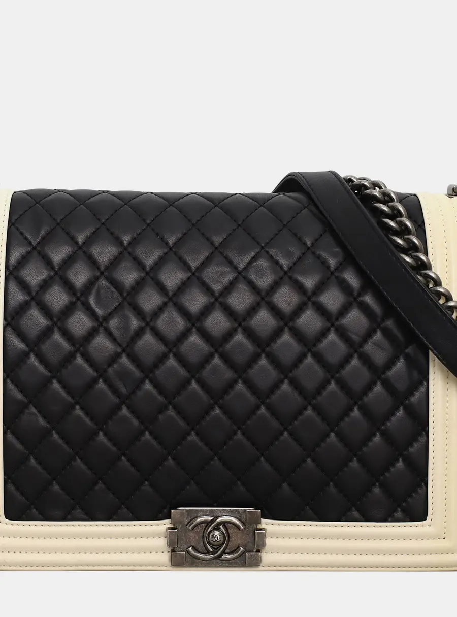 Chanel Boy Large Black Beige Lambskin Leather Shoulder Bag