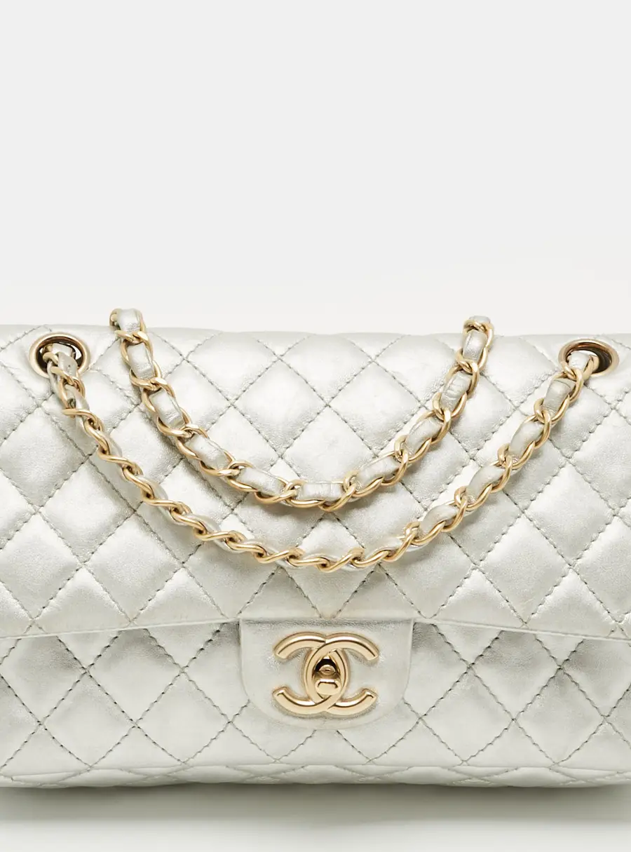 Chanel Classic Double Flap Medium Silver Quilted Leather Bag