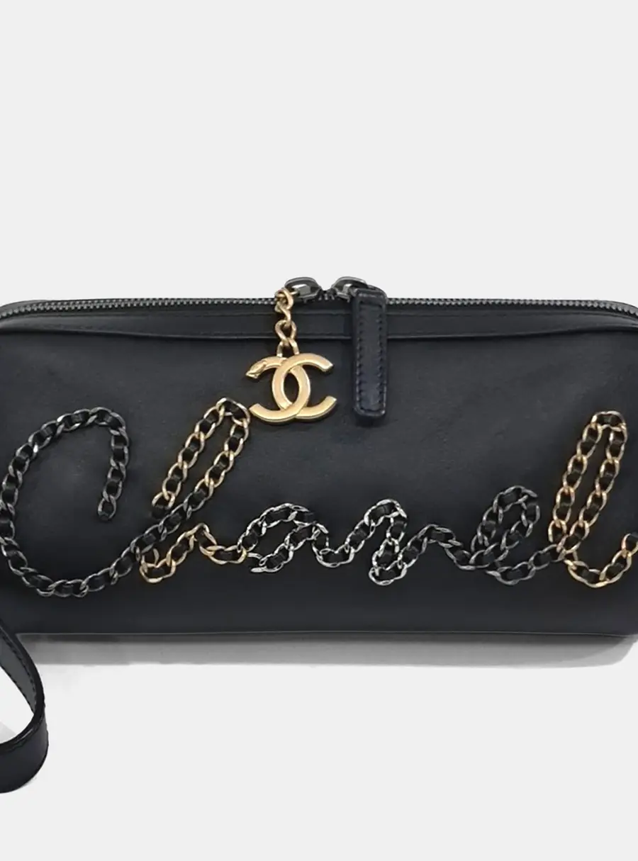 Chanel Bowling Bag Black Calfskin Leather Clutch Bag