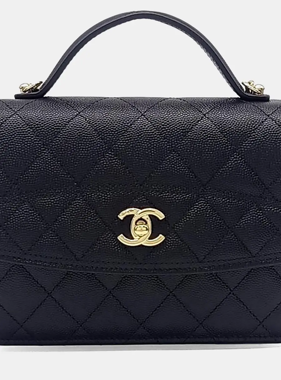 Chanel Top Handle Flap Bag Mini Black Grained Calfskin Leather Shoulder Bag