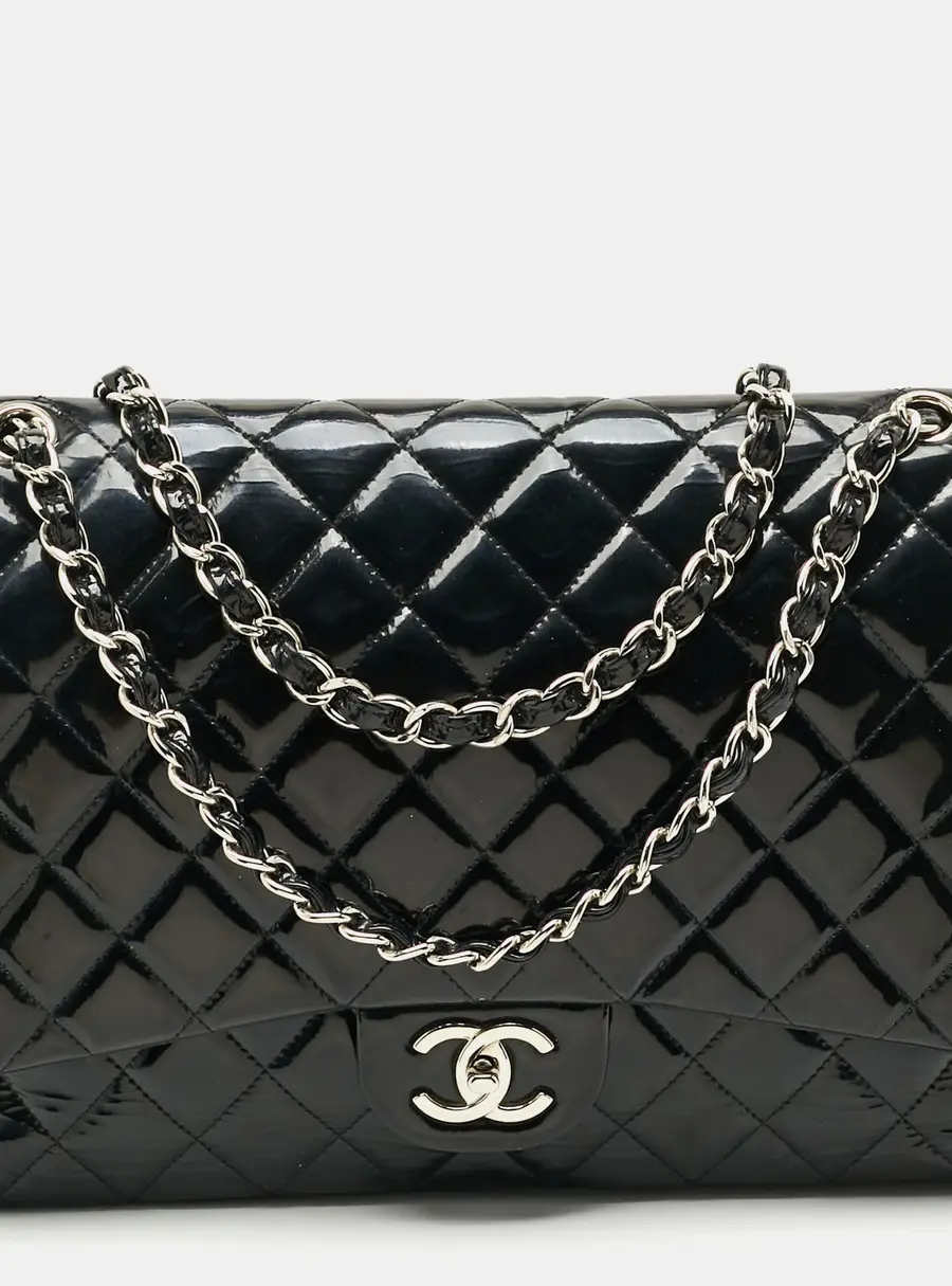 Chanel Classic Double Flap Maxi Black Quilted Patent Leather Bag