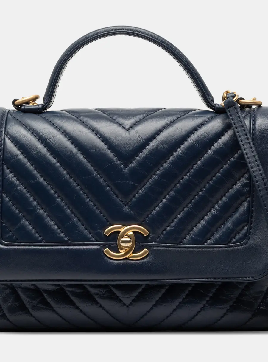 Chanel CC Chevron Blue Aged Calfskin Leather Top Handle Flap Bag