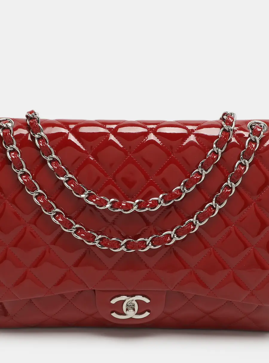 Chanel Classic Double Flap Maxi Red Quilted Patent Leather Bag