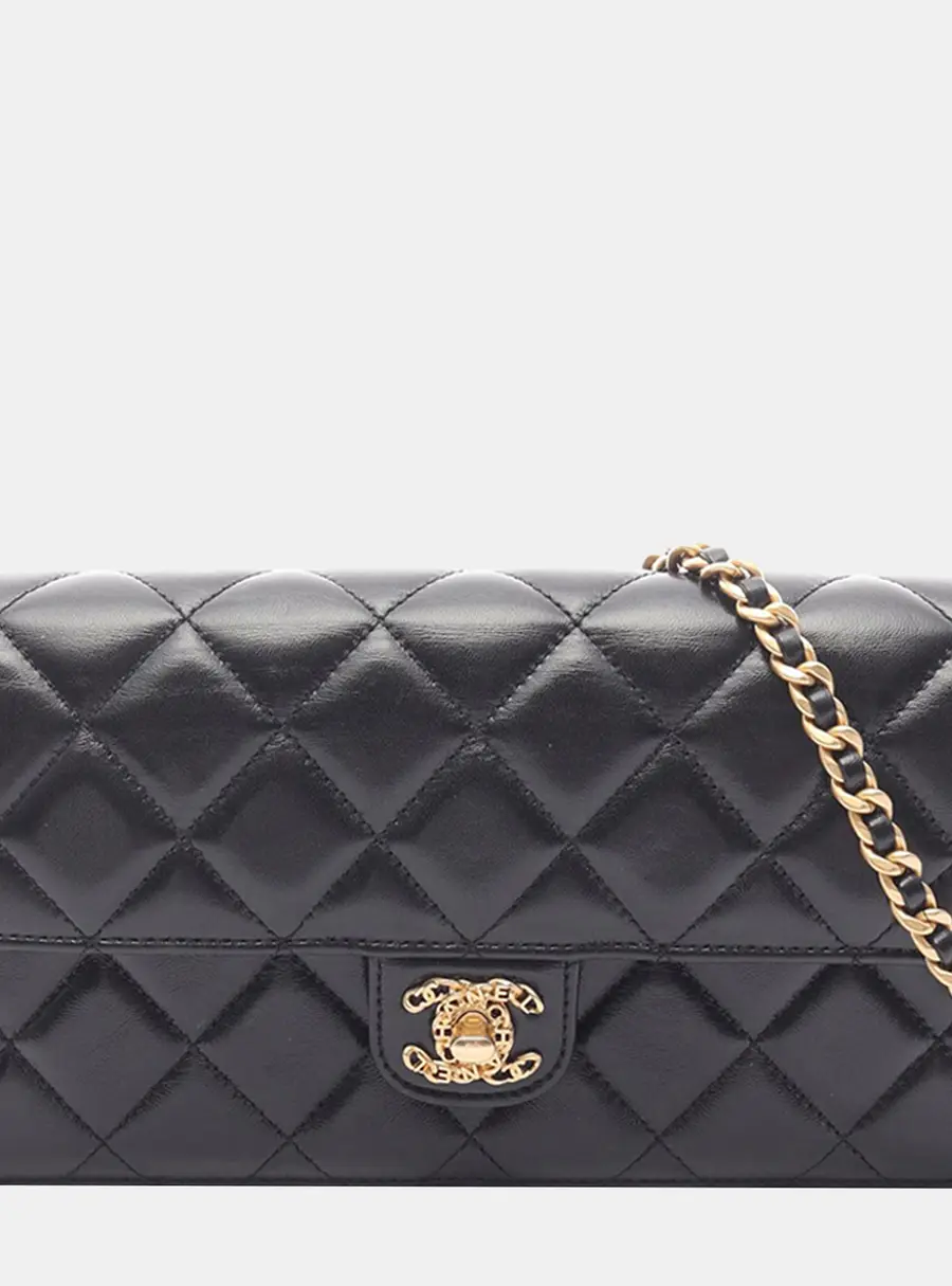 Chanel East West Single Flap Black Lambskin Leather Shoulder Bag