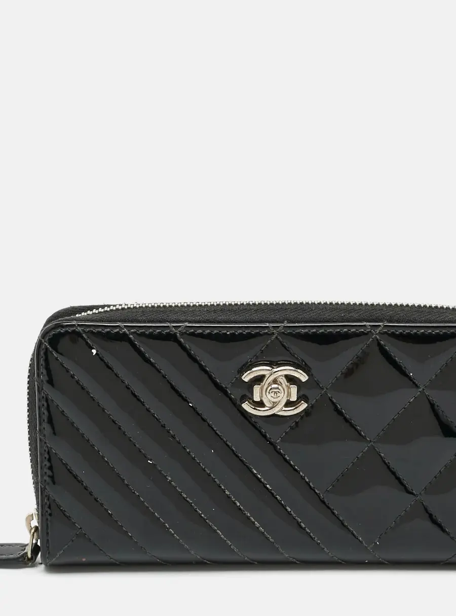 Chanel CC Black Quilted Patent Leather Zip Around Wallet