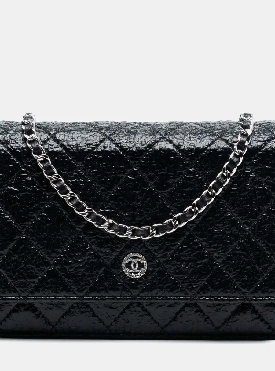 Chanel CC Black Quilted Crinkled Patent Leather Wallet on Chain