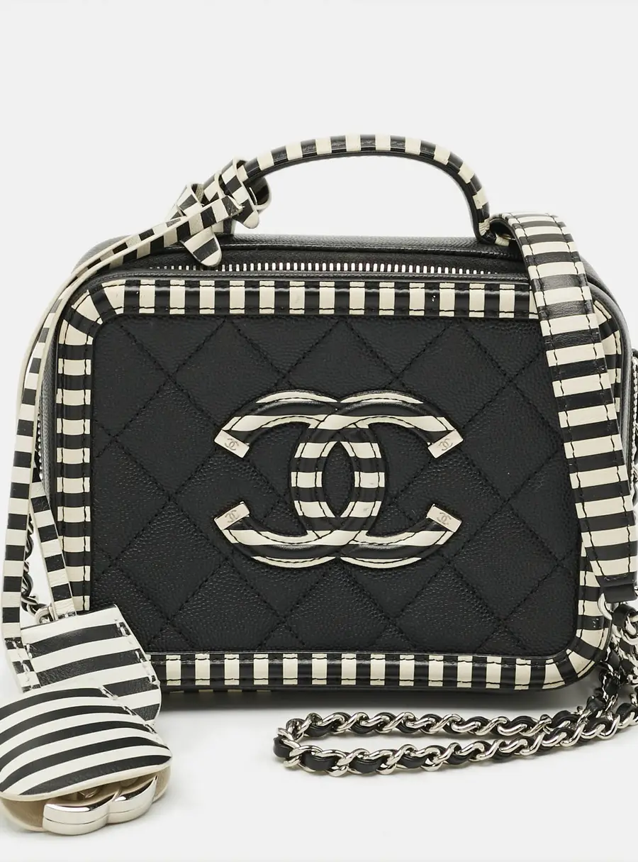 Chanel CC Filigree Striped Vanity Case Small Black/White Quilted Caviar Leather Bag