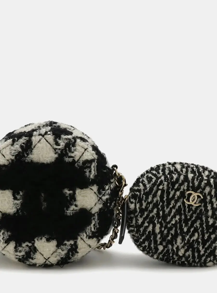 Chanel Round Chain White/Black Houndstooth Tweed Shoulder Pochette