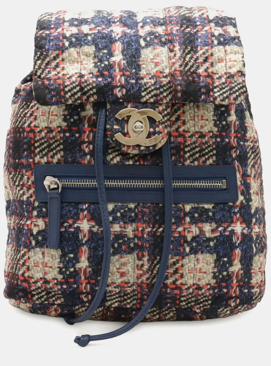 Chanel Tweed Print Coco Mark Chain Blue/Pink Nylon Backpack