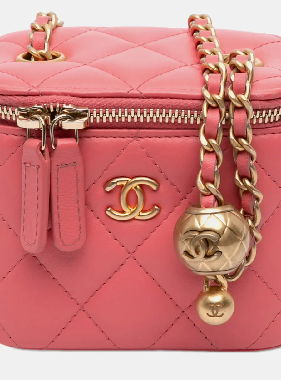 Chanel Pearl Crush Mini Pink Quilted Lambskin Leather Vanity Case with Chain