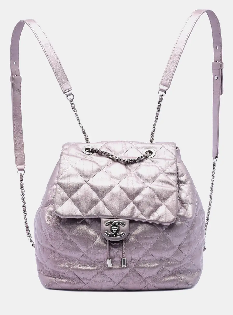 Chanel Ground Control Pink Quilted Iridescent Calfskin Leather Flap Backpack