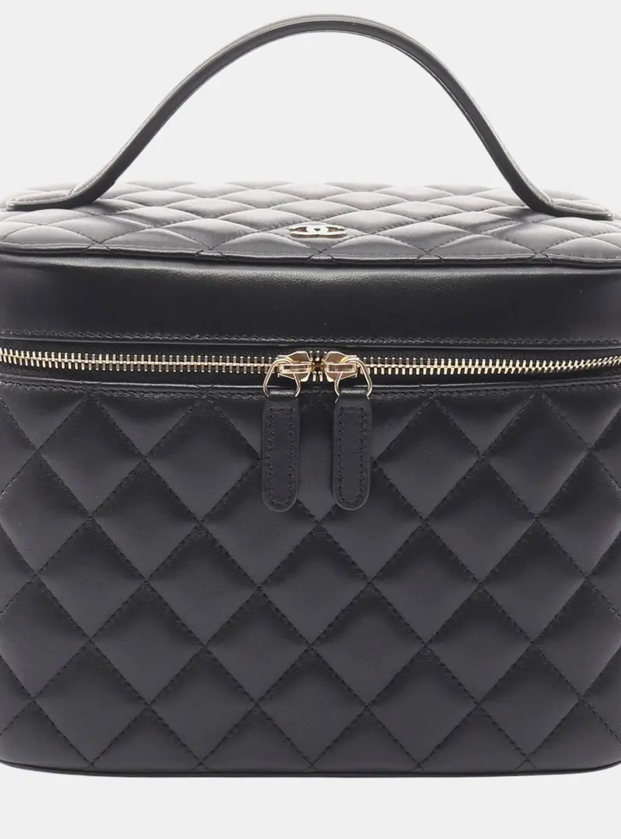 Chanel Quilted Black Lambskin Leather Vanity Case Bag
