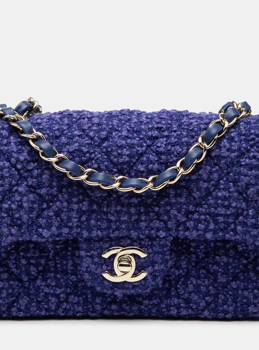 Chanel Mini Rectangular Classic Single Flap Blue Tweed Shoulder Bag