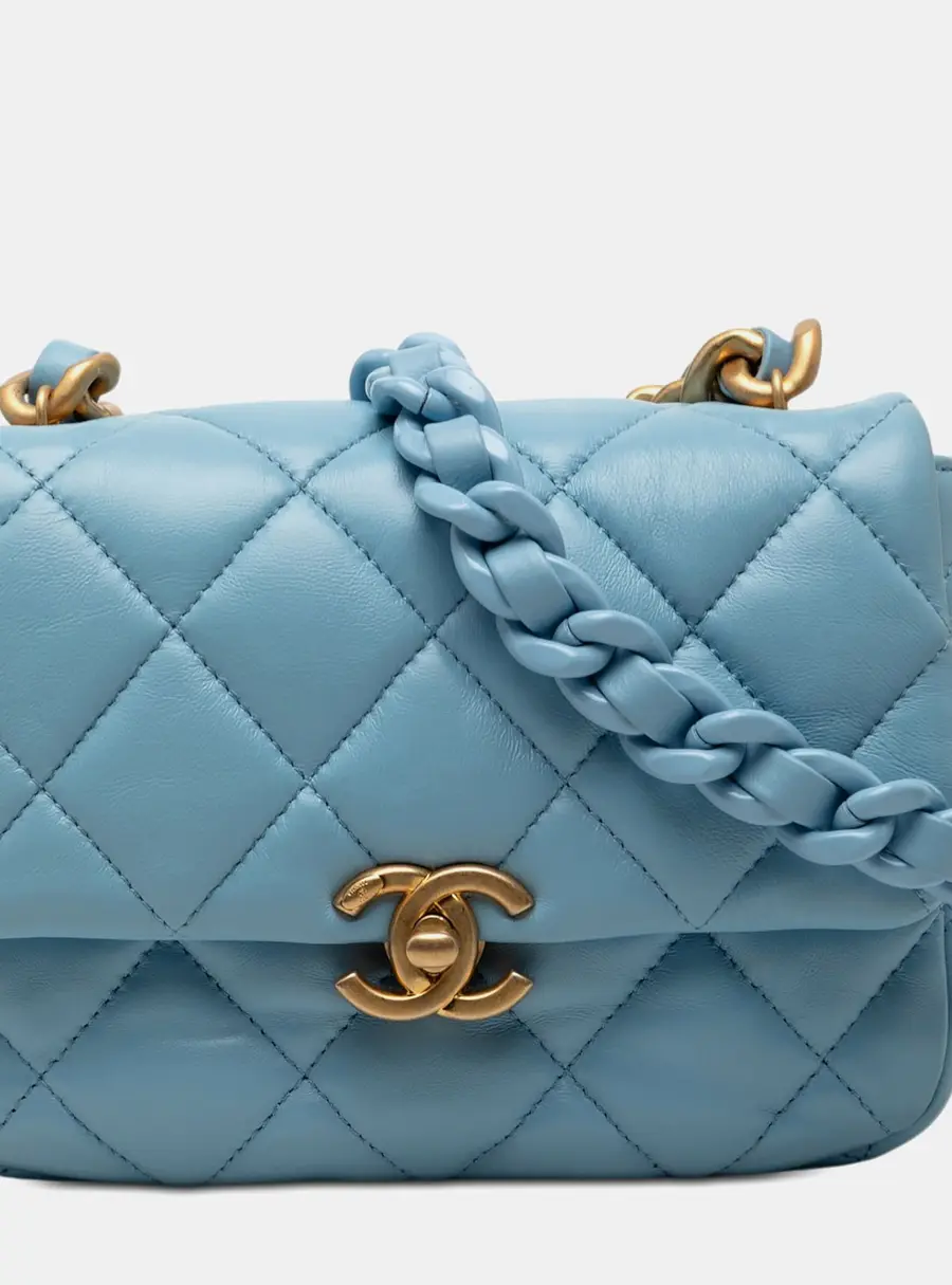 Chanel Mini Blue Quilted Lacquered Lambskin Leather Chain Flap Bag