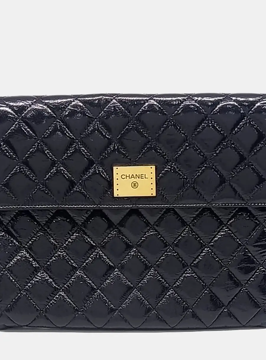 Chanel Quilted Black Patent Leather Clutch Bag