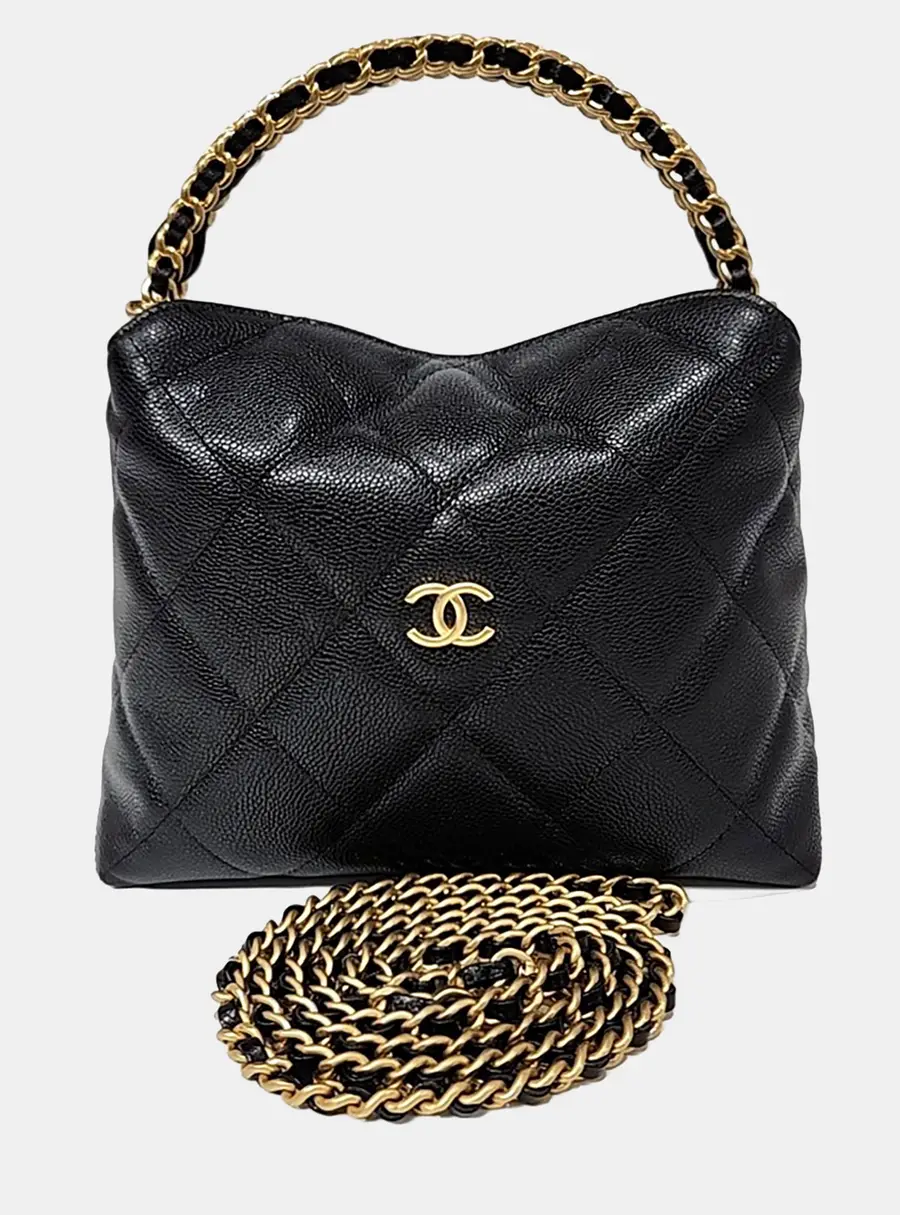 Chanel Top Handle Chain Black Grained Calfskin Leather Top Handle Bag