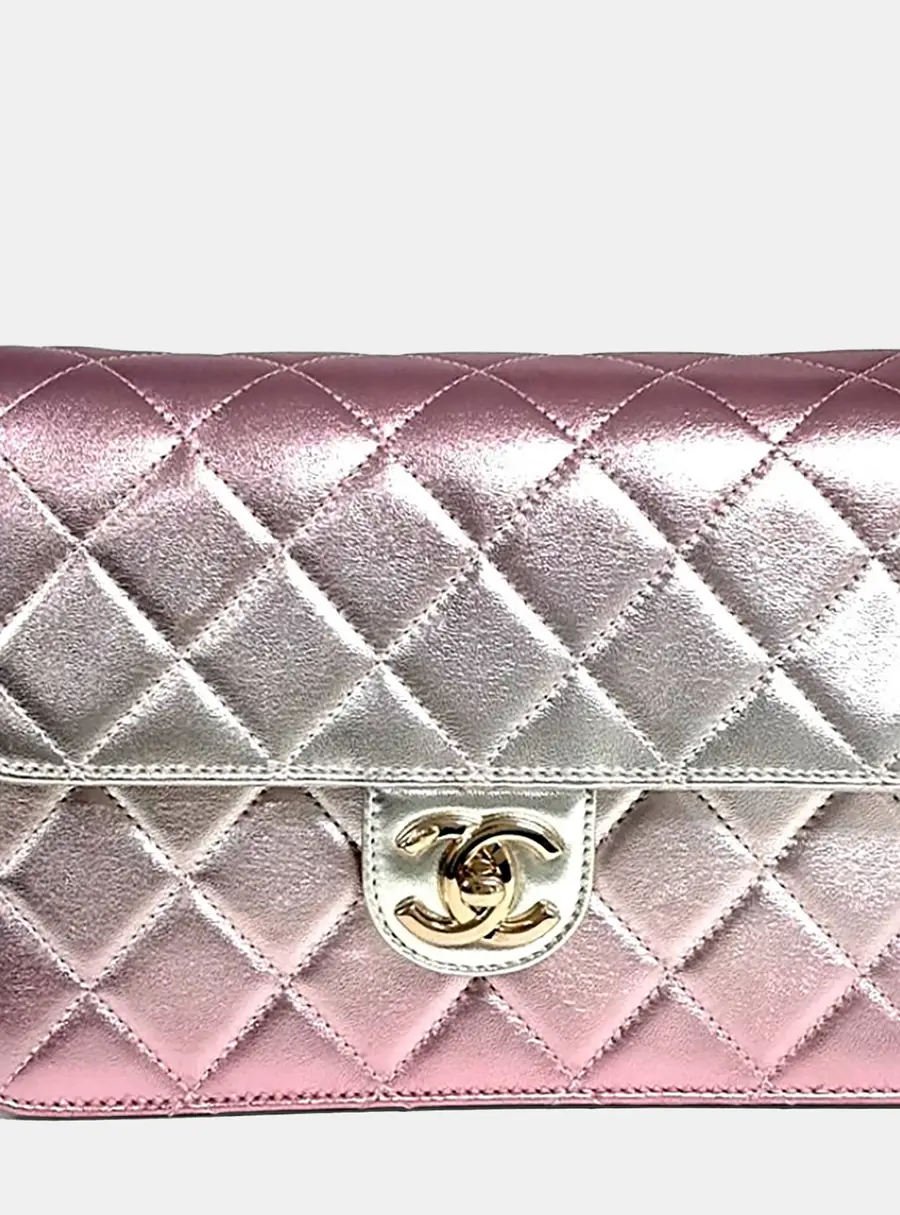 Chanel Classic Mini Ombre Pink Silver Metallic Calfskin Leather Flap Bag