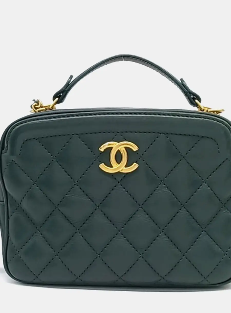 Chanel Vanity Mini Dark Green Lambskin Leather Top Handle Bag