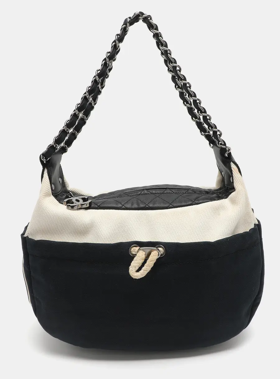 Chanel CC Navy Blue/Black Canvas and Leather Tote