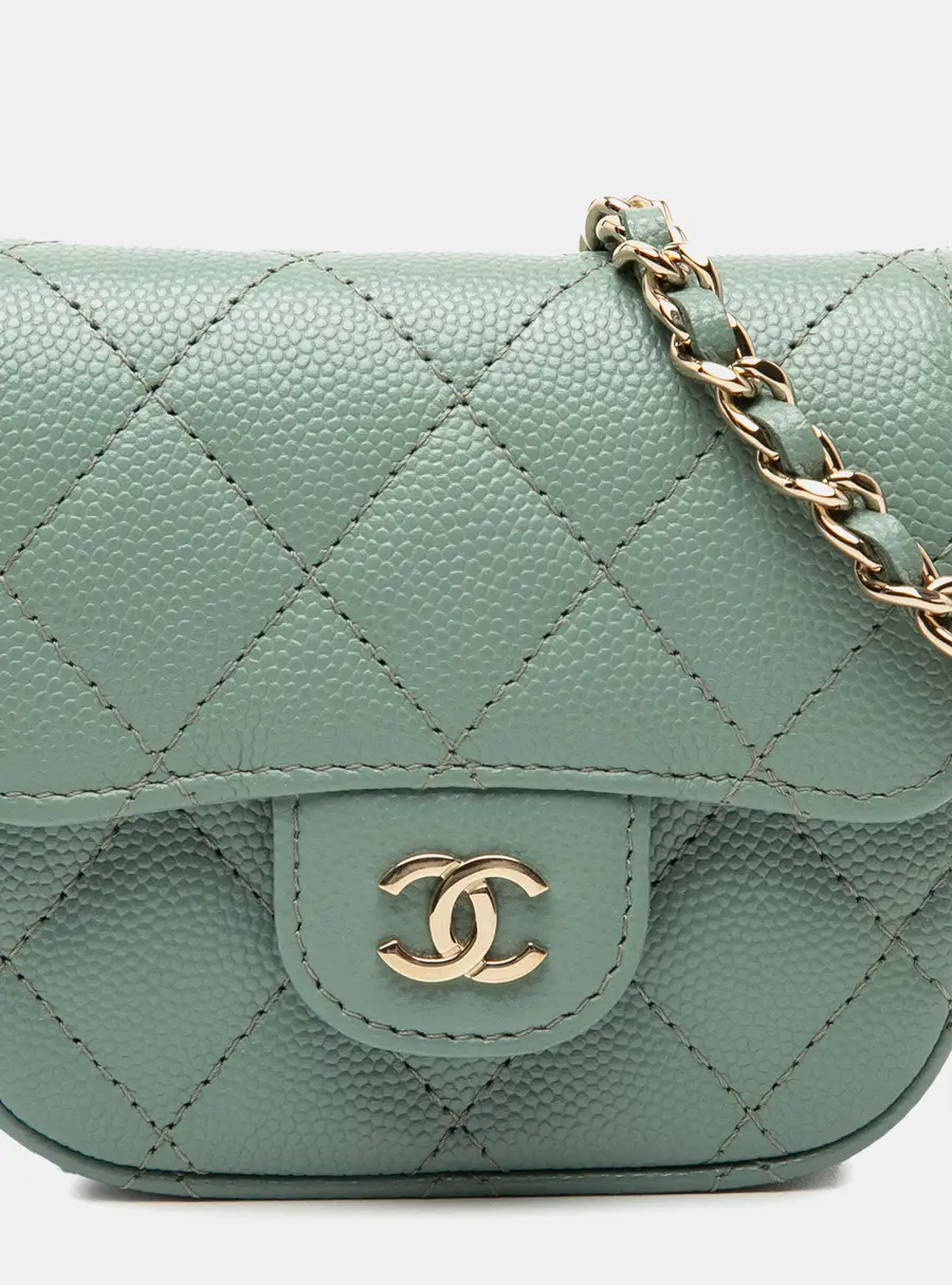Chanel Classic Single Flap Micro Mini Green Caviar Leather Crossbody Bag