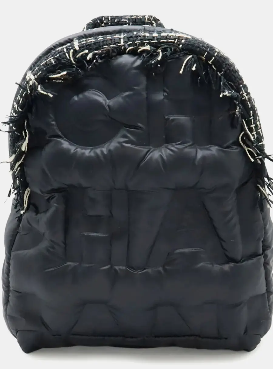 Chanel Doudoune Black Nylon Embossed Tweed Backpack Bag