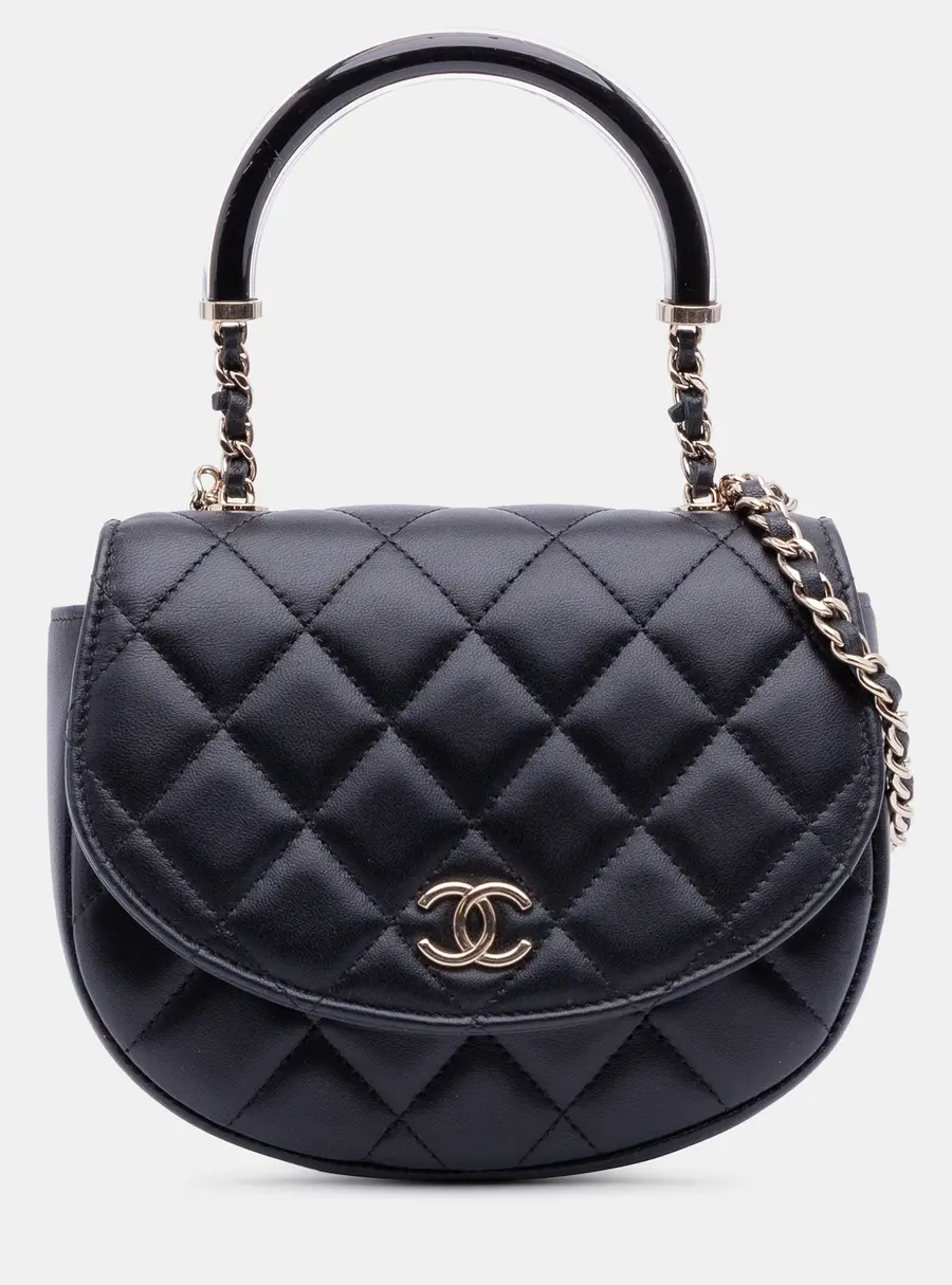 Chanel CC Half Moon Black Quilted Lambskin Leather Top Handle Flap Bag