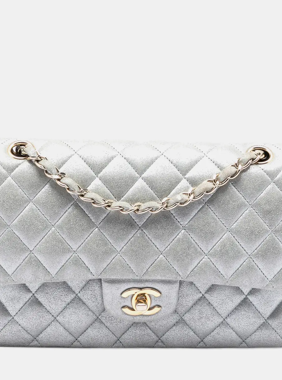 Chanel Classic Medium Silver Metallic Lambskin Leather Double Flap Bag