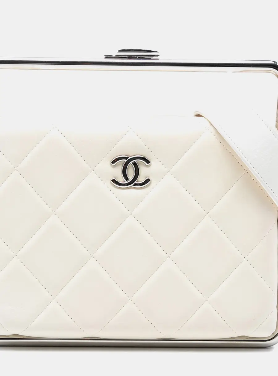 Chanel Metal Bar Convertible Small White Quilted Lambskin Leather Crossbody Bag