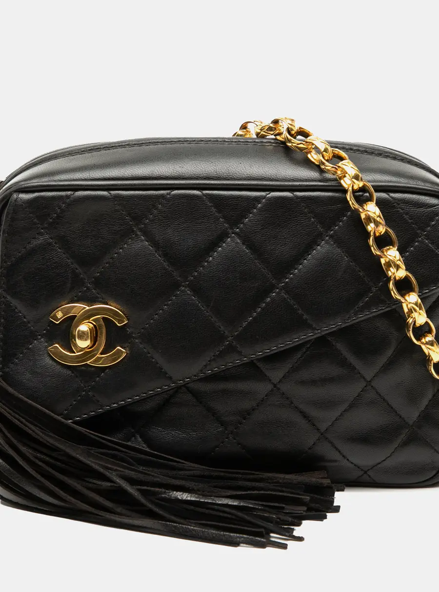 Chanel CC Tassel Mini Black Quilted Lambskin Leather Camera Bag