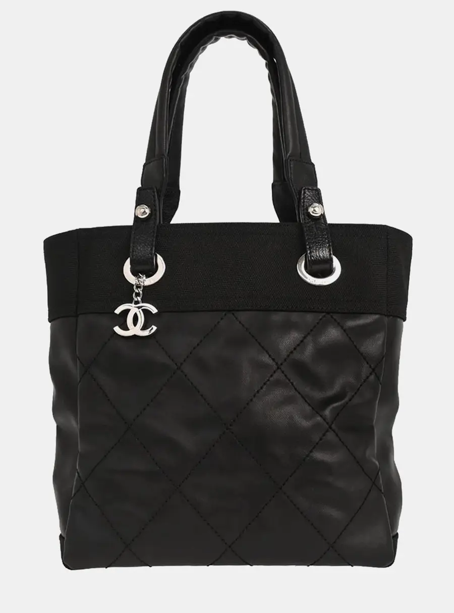 Chanel Paris Biarritz PM Black Coated Canvas Leather Tote Bag