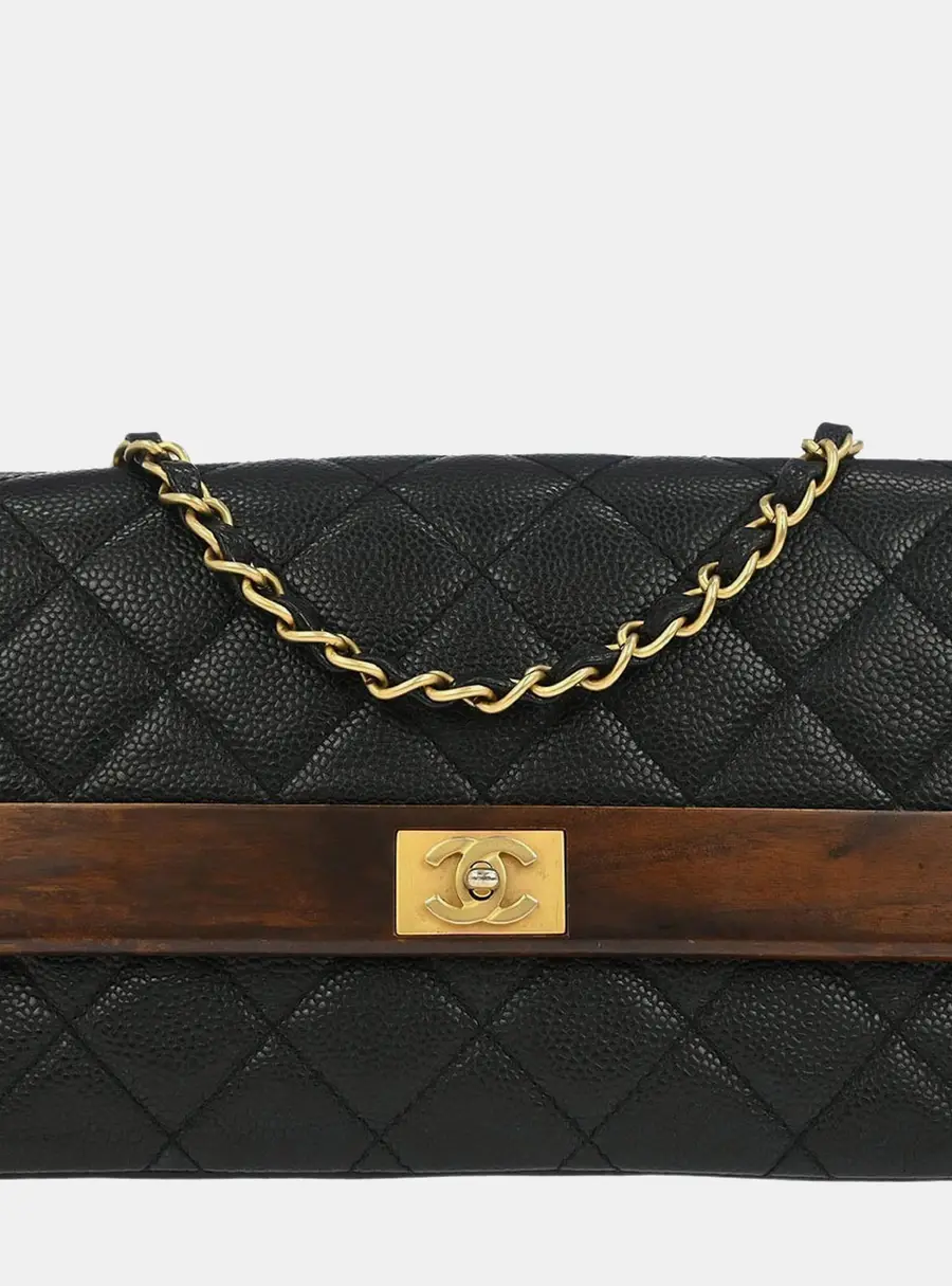 Chanel Black Calfskin Wood Straight Flap Shoulder Bag