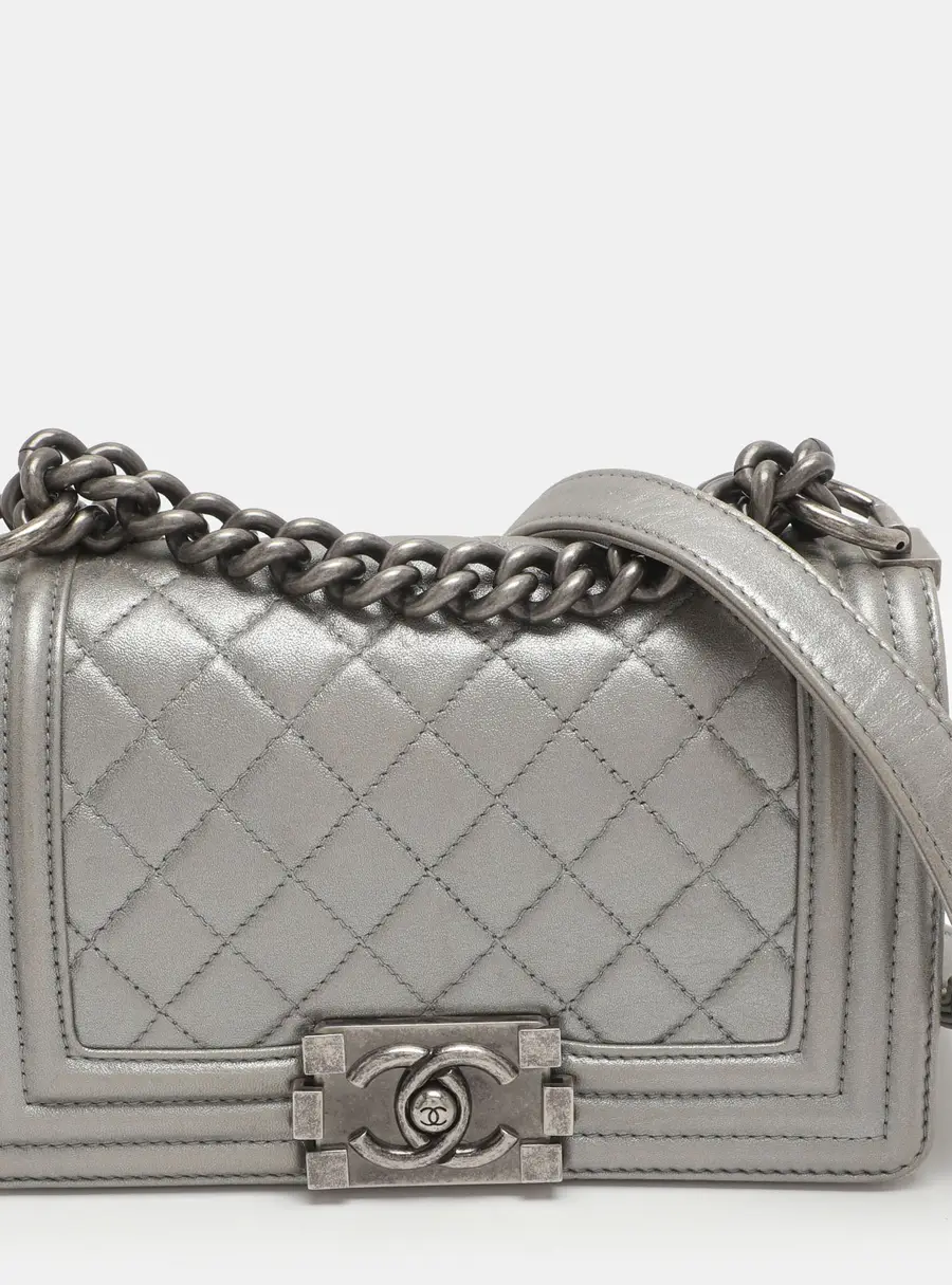 Chanel Boy Small Silver Quilted Leather Flap Bag