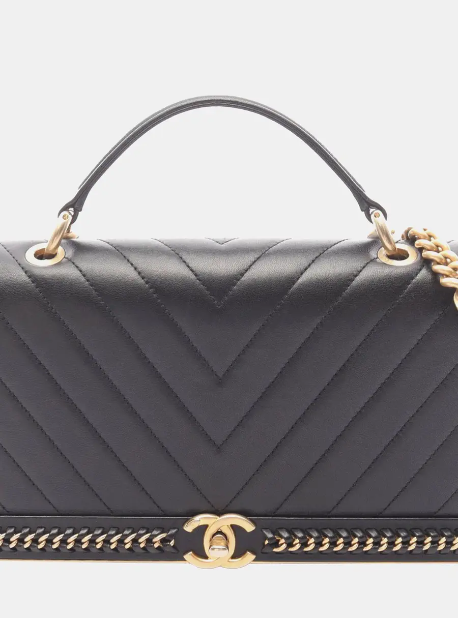 Chanel Top Handle Flap Bag Black Chevron Lambskin Leather Shoulder Bag