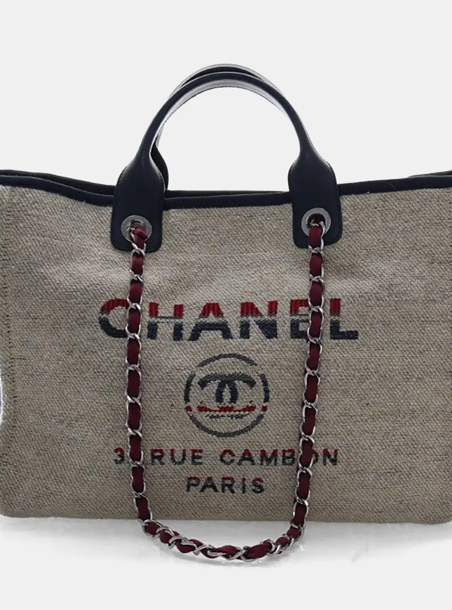 Chanel Striped Deauville Large Beige Canvas & Calf Leather Tote Bag