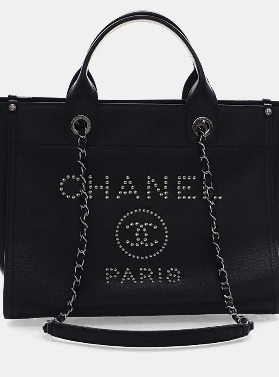 Chanel Studded Deauville Small Black Caviar Leather Tote Bag