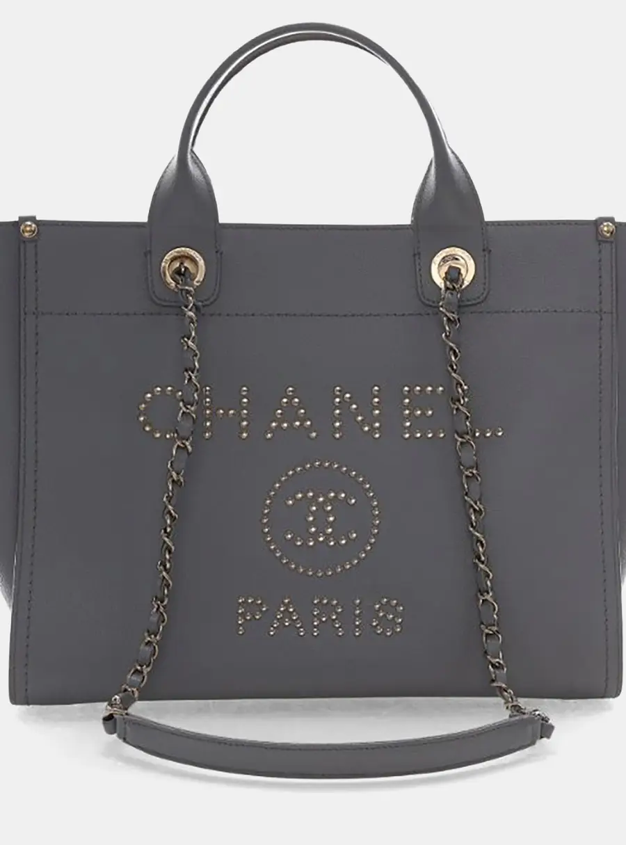 Chanel Studded Deauville Small Grey Caviar Leather Tote Bag