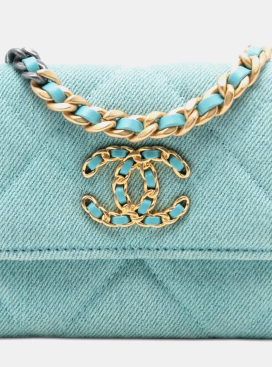 Chanel 19 Card Holder with Chain Blue Denim Crossbody Bag