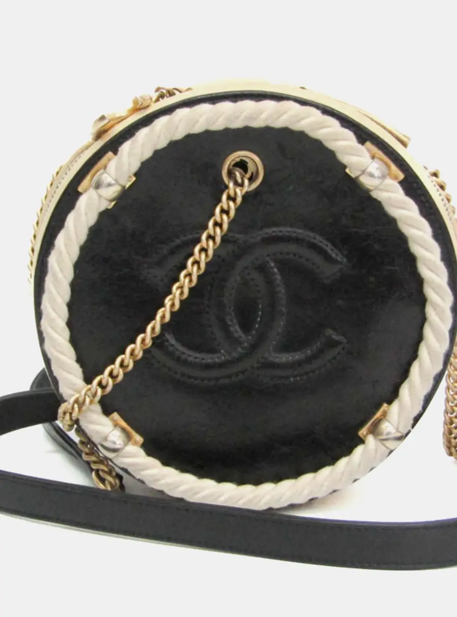 Chanel Coco Mark Round Black/Light Beige Leather Chain Shoulder Bag