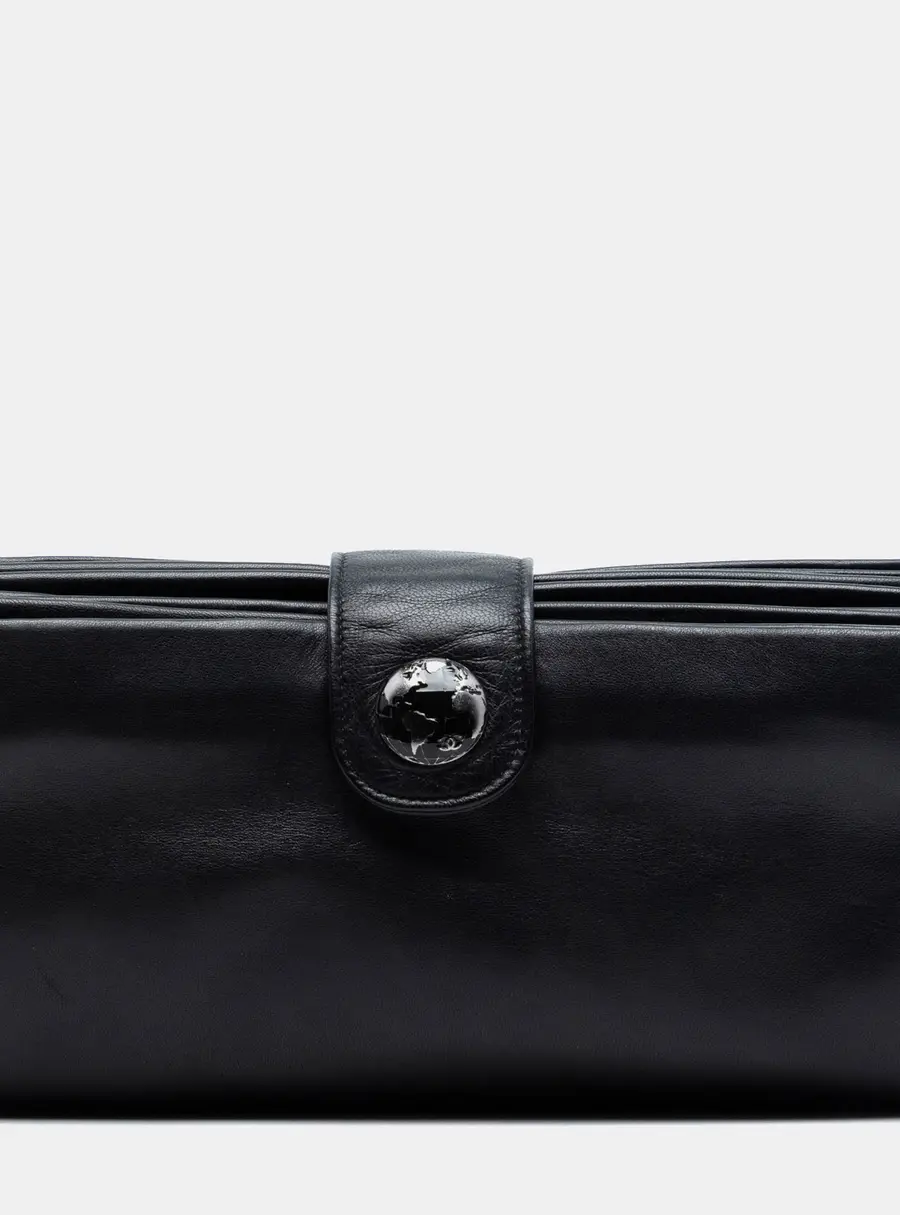 Chanel Globe Emblem Black Lambskin Leather Clutch Bag