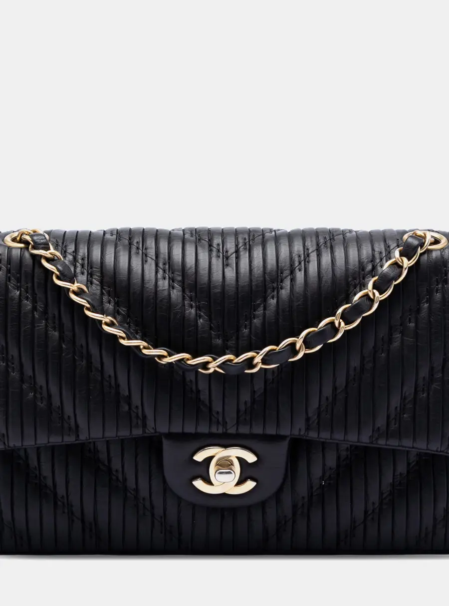 Chanel Medium Classic Double Flap Black Pleated Calfskin Leather Shoulder Bag