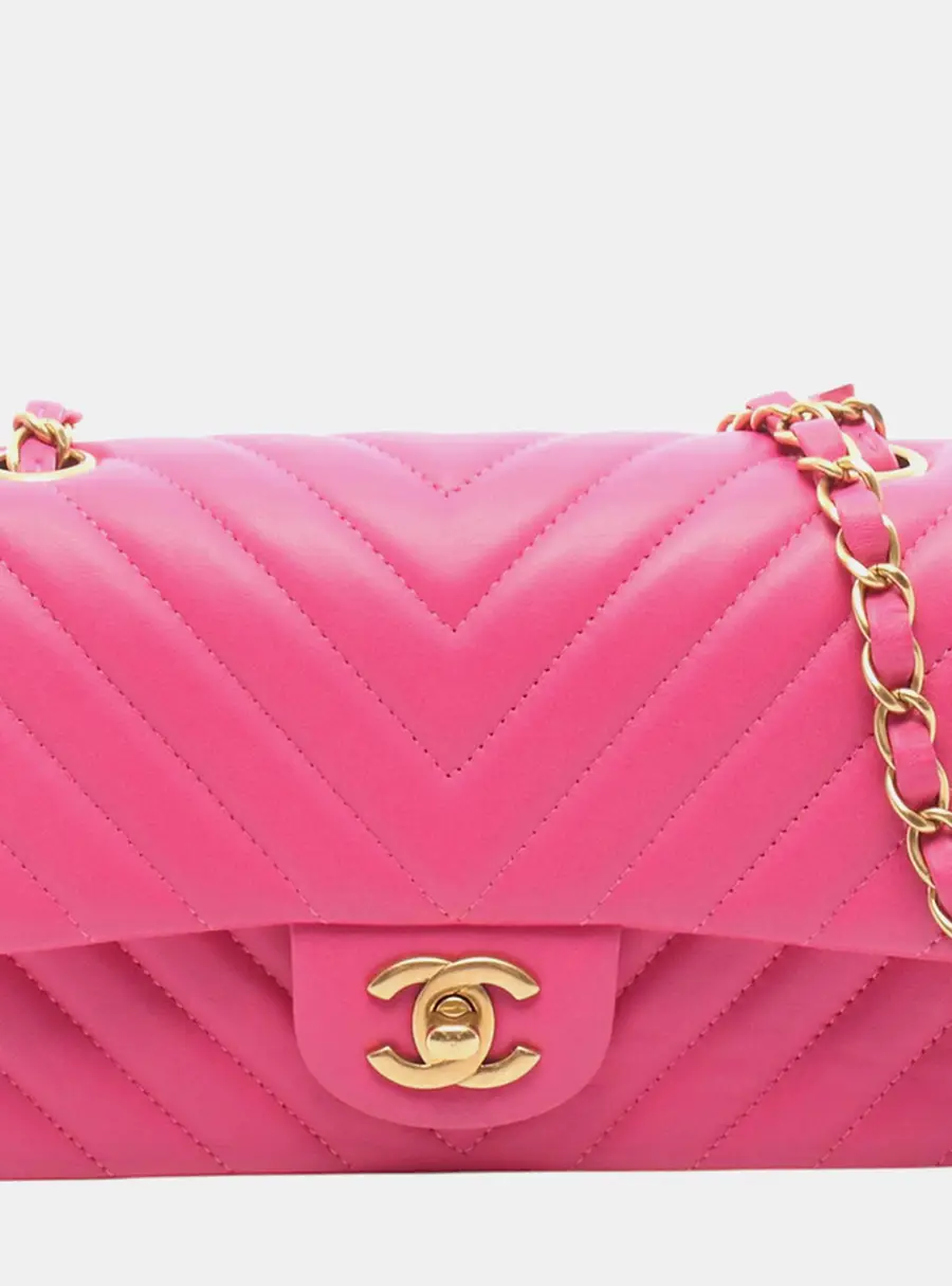 Chanel Classic Mini Rectangular Hot Pink Chevron Lambskin Leather Single Flap Bag