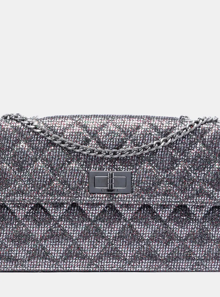 Chanel Reissue 2.55 Silver Quilted Glitter Canvas Flap Bag