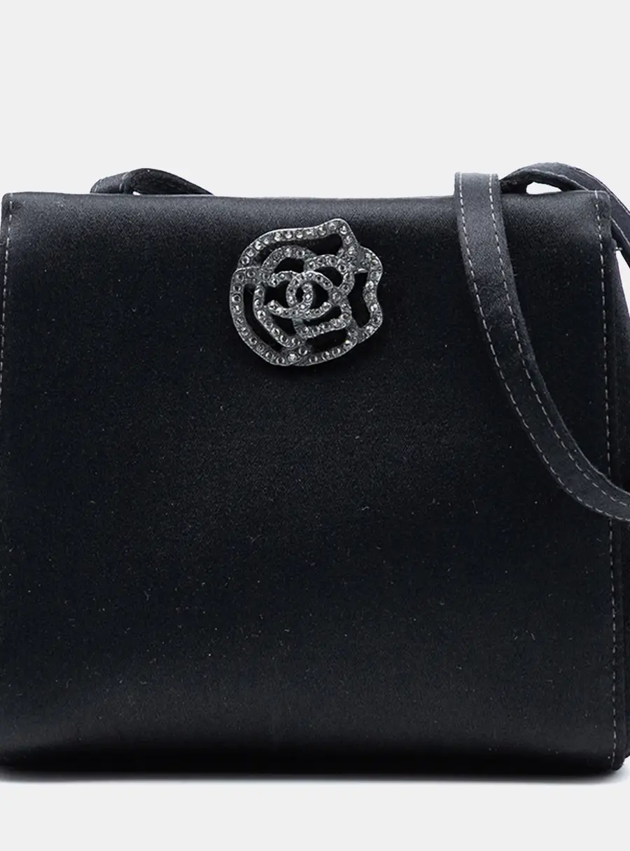 Chanel Camellia Black Satin Evening Bag